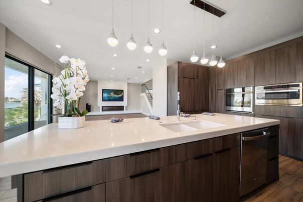 Interior, Kitchen, Pendant Lights, Recessed Lighting, Stainless Steel Appliances, Water, Wood Texture Flooring