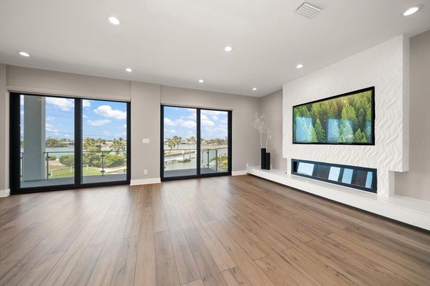 Empty room, Fireplace, Interior, Recessed Lighting, Wood Texture Flooring