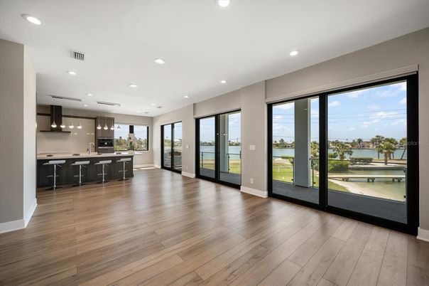 Interior, Kitchen, Pendant Lights, Recessed Lighting, Water, Wood Texture Flooring