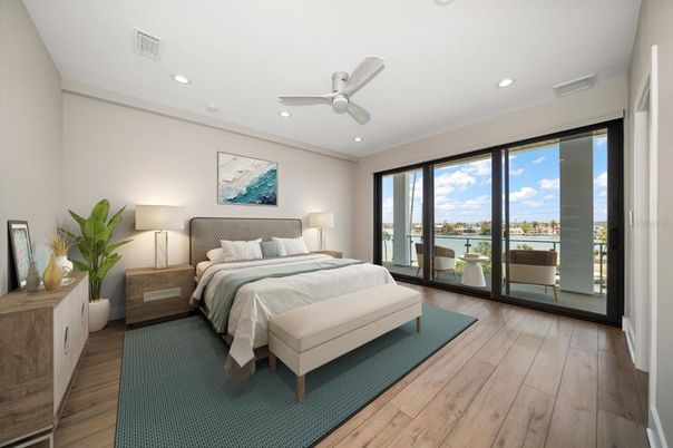 Bedroom, Interior, Recessed Lighting, Water, Wood Texture Flooring