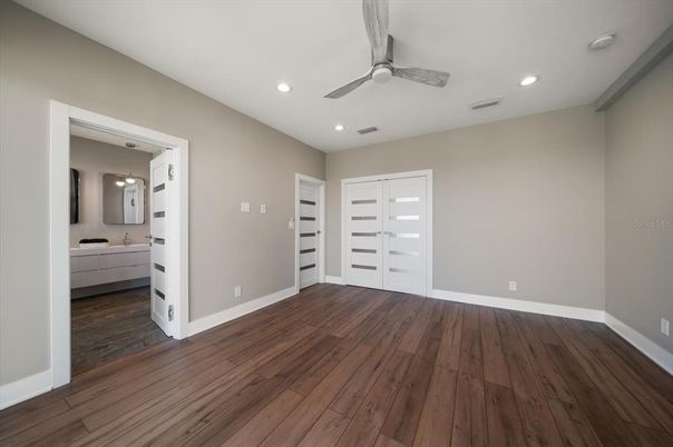 Bathroom, Empty room, Interior, Recessed Lighting, Wood Texture Flooring