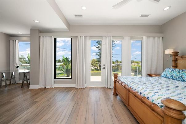 Bedroom, Interior, Recessed Lighting, Water, Wood Texture Flooring