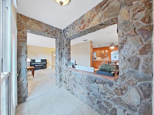 Interior, Piano, Recessed Lighting, Stone Walls