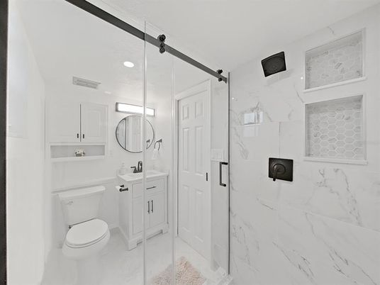 Bathroom, Glass Shower, Interior, Marble Walls, Recessed Lighting