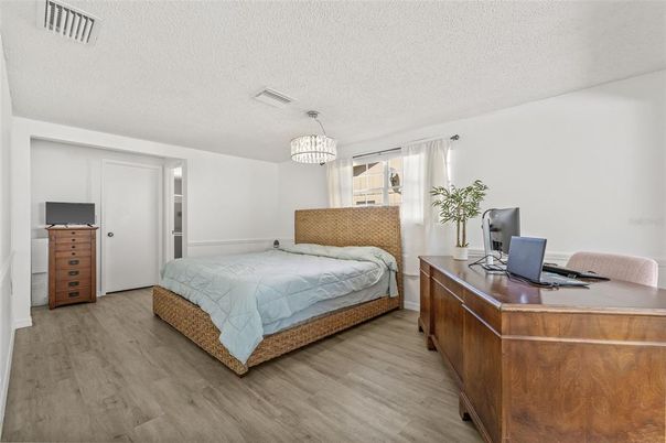 Bedroom, Chandelier, Interior, Wood Texture Flooring