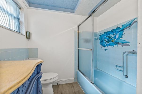 Bathroom, Glass Shower, Interior, Wood Texture Flooring