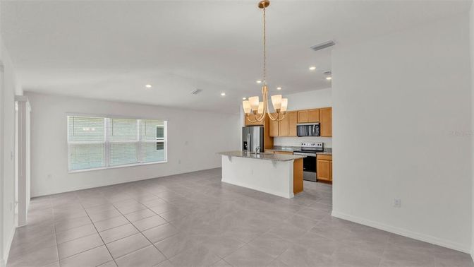 Chandelier, Interior, Kitchen, Recessed Lighting, Stainless Steel Appliances
