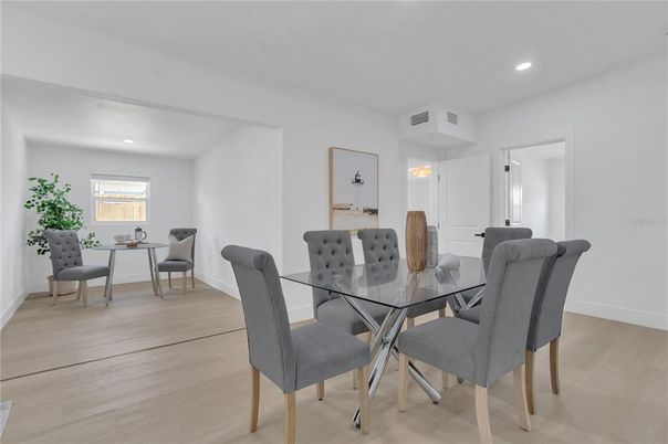 Dining room, Interior, Recessed Lighting, Wood Texture Flooring
