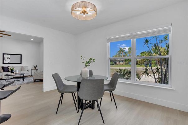 Dining room, Interior, Living room, Recessed Lighting, Wood Texture Flooring