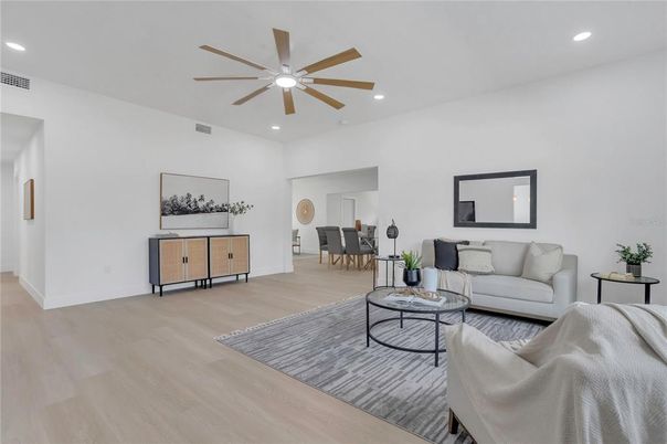 Dining room, Interior, Living room, Recessed Lighting, Wood Texture Flooring