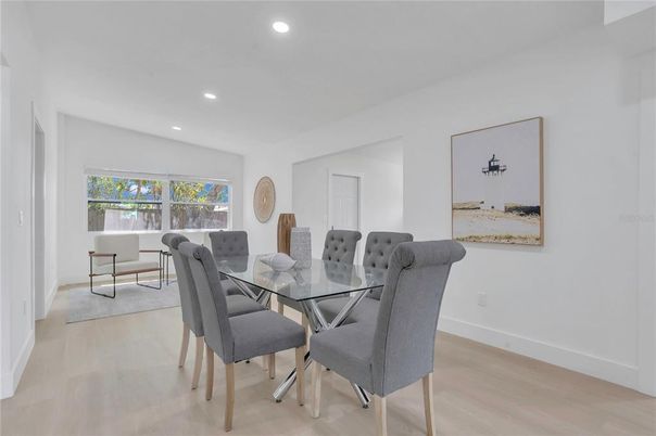 Dining room, Interior, Recessed Lighting, Wood Texture Flooring