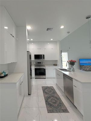 Interior, Kitchen, Marble, Pendant Lights, Recessed Lighting, Stainless Steel Appliances