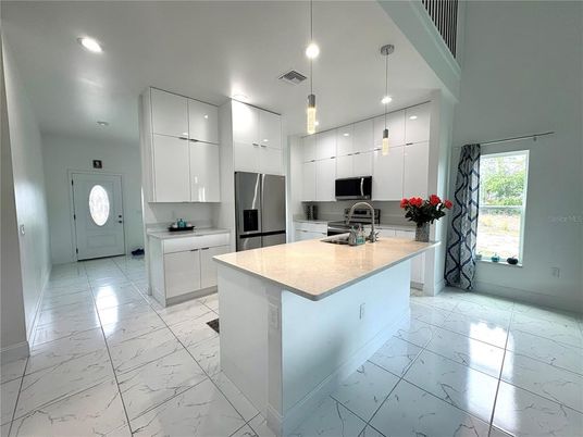 Interior, Kitchen, Marble, Pendant Lights, Recessed Lighting, Stainless Steel Appliances