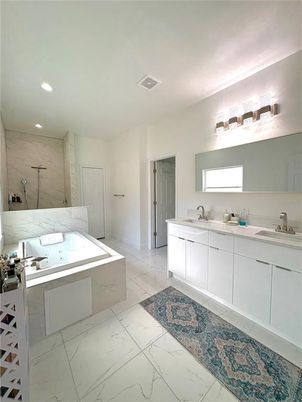 Bathroom, Dual Sink Vanities, Interior, Marble, Recessed Lighting