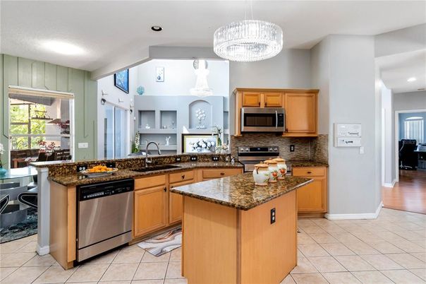 Chandelier, Interior, Kitchen, Recessed Lighting, Stainless Steel Appliances