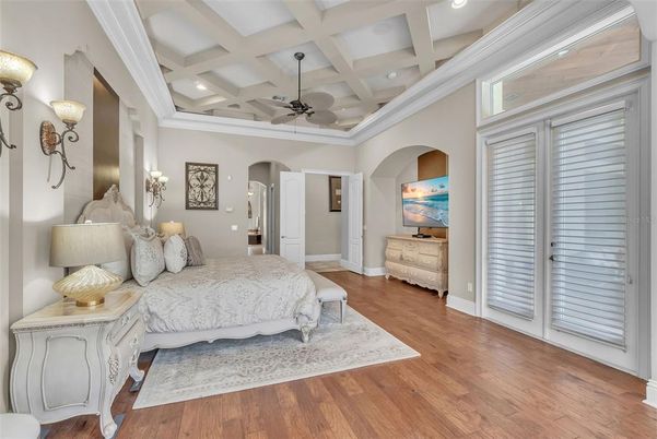 Bedroom, Interior, Recessed Lighting, Wood Texture Flooring