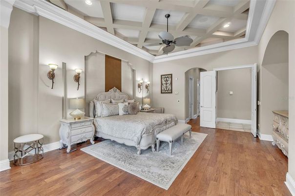 Bedroom, Interior, Recessed Lighting, Wood Texture Flooring