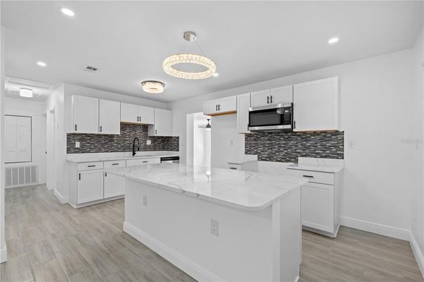 Interior, Kitchen, Pendant Lights, Recessed Lighting, Wood Texture Flooring