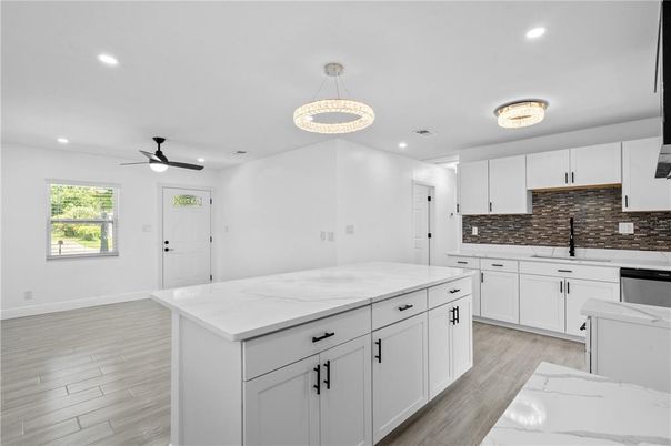 Interior, Kitchen, Pendant Lights, Recessed Lighting, Wood Texture Flooring