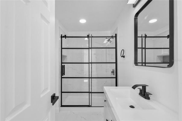 Bathroom, Glass Shower, Interior, Marble, Marble Walls, Recessed Lighting