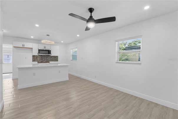 Chandelier, Interior, Kitchen, Recessed Lighting, Wood Texture Flooring