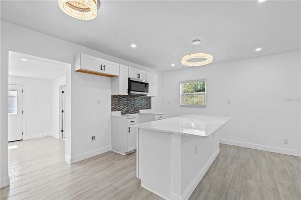 Chandelier, Interior, Kitchen, Pendant Lights, Recessed Lighting, Wood Texture Flooring