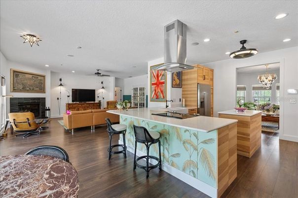 Chandelier, Fireplace, Interior, Kitchen, Living room, Pendant Lights, Recessed Lighting, Stainless Steel Appliances, Wood Texture Flooring