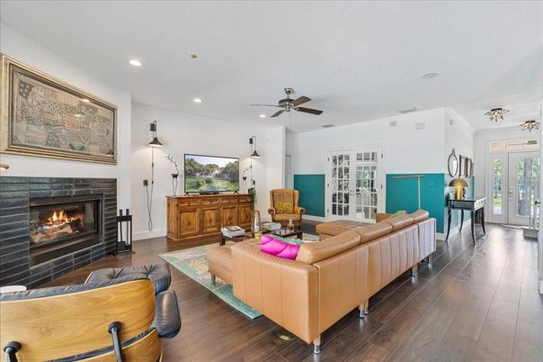 Fireplace, Interior, Living room, Recessed Lighting, Wood Texture Flooring