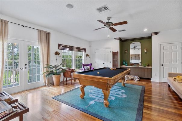 Billiard Table, Game Room, Interior, Recessed Lighting, Wood Texture Flooring