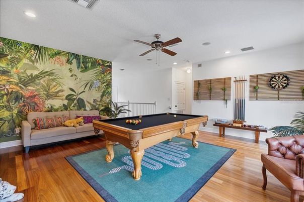 Billiard Table, Game Room, Interior, Recessed Lighting, Wood Texture Flooring