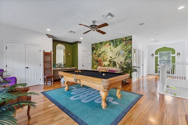 Billiard Table, Game Room, Interior, Recessed Lighting, Wood Texture Flooring