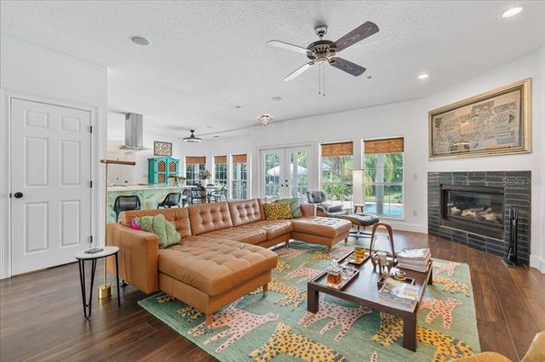 Fireplace, Interior, Living room, Recessed Lighting, Wood Texture Flooring