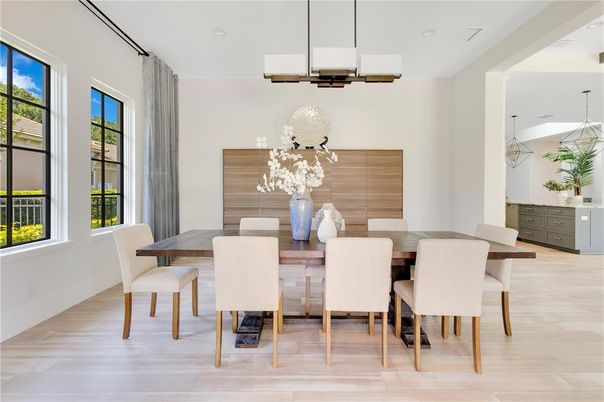 Dining room, Interior, Pendant Lights, Recessed Lighting, Wood Texture Flooring