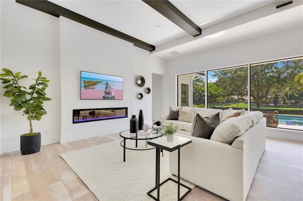 Fireplace, Interior, Living room, Recessed Lighting, Wooden Beams, Wood Texture Flooring