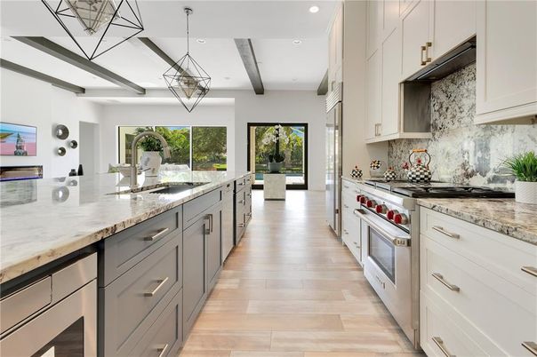 Interior, Kitchen, Pendant Lights, Recessed Lighting, Stainless Steel Appliances, Wooden Beams, Wood Texture Flooring