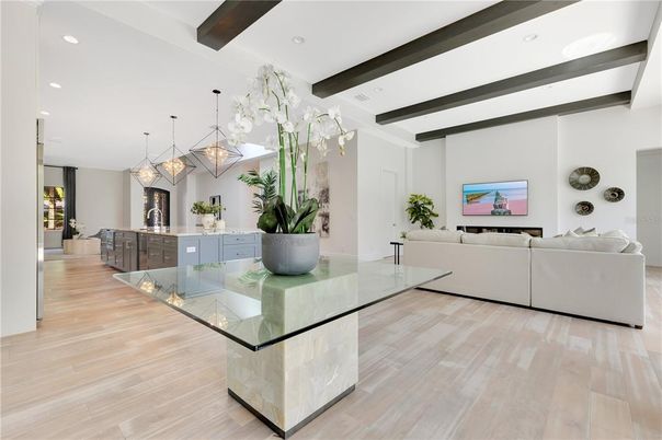 Interior, Living room, Pendant Lights, Recessed Lighting, Wooden Beams, Wood Texture Flooring