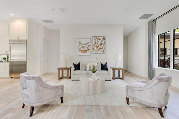 Interior, Kitchen, Living room, Recessed Lighting, Stainless Steel Appliances, Wood Texture Flooring