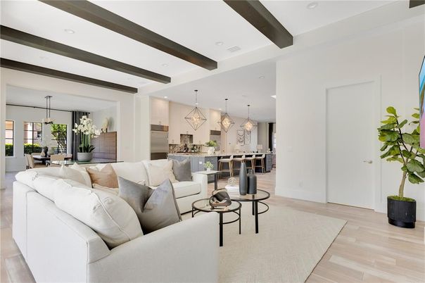 Dining room, Interior, Kitchen, Living room, Pendant Lights, Recessed Lighting, Stainless Steel Appliances, Wooden Beams, Wood Texture Flooring