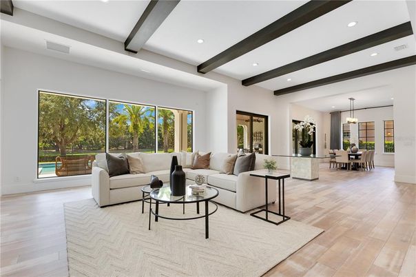 Dining room, Interior, Living room, Pendant Lights, Recessed Lighting, Wooden Beams, Wood Texture Flooring
