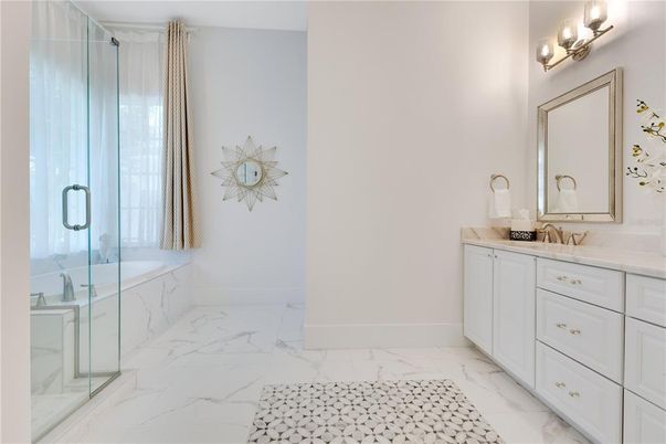 Bathroom, Dual Sink Vanities, Glass Shower, Interior, Marble