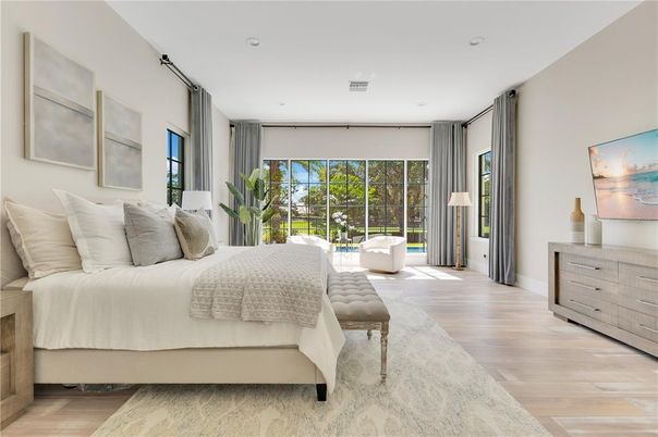 Bedroom, Interior, Recessed Lighting, Wood Texture Flooring