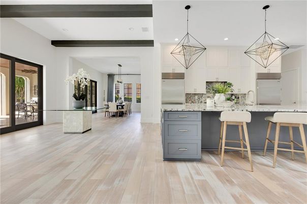 Dining room, Interior, Kitchen, Pendant Lights, Recessed Lighting, Wood Texture Flooring