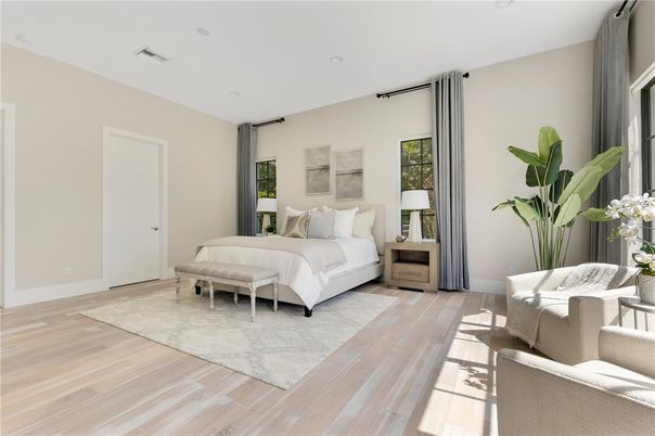 Bedroom, Interior, Recessed Lighting, Wood Texture Flooring