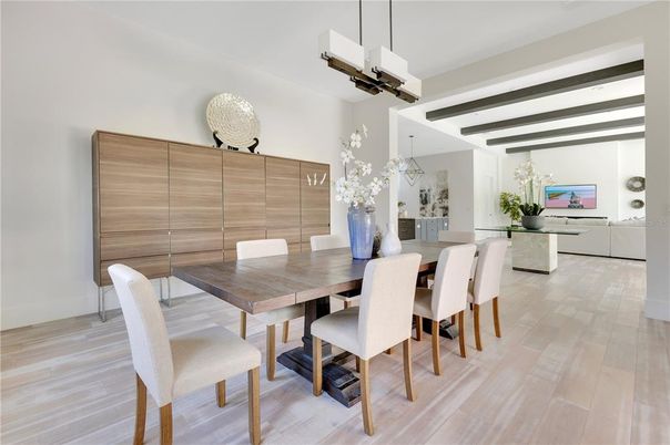 Dining room, Interior, Pendant Lights, Wooden Beams, Wood Texture Flooring