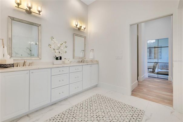 Bathroom, Dual Sink Vanities, Interior, Marble, Wood Texture Flooring