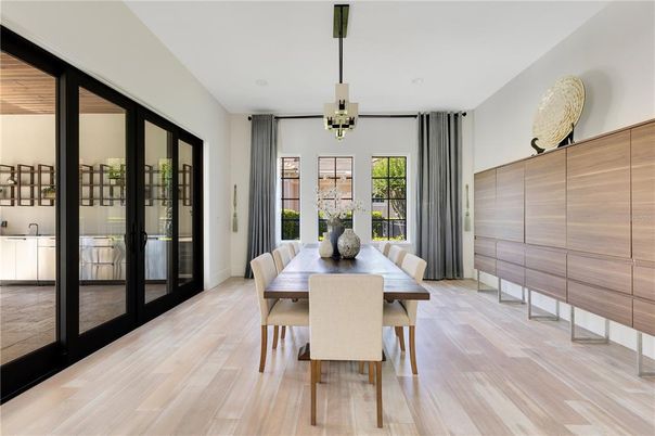 Dining room, Interior, Pendant Lights, Wood Texture Flooring