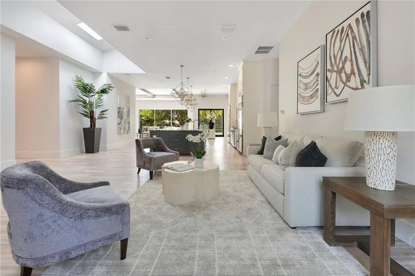 Interior, Living room, Pendant Lights, Recessed Lighting, Wood Texture Flooring
