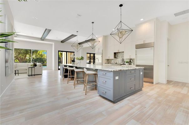 Interior, Kitchen, Pendant Lights, Recessed Lighting, Stainless Steel Appliances, Wooden Beams, Wood Texture Flooring