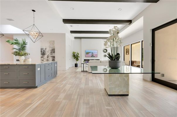 Interior, Living room, Pendant Lights, Recessed Lighting, Wooden Beams, Wood Texture Flooring