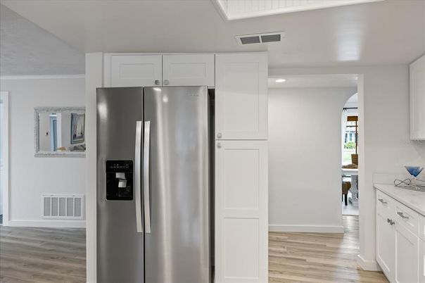 Interior, Kitchen, Recessed Lighting, Stainless Steel Appliances, Wood Texture Flooring